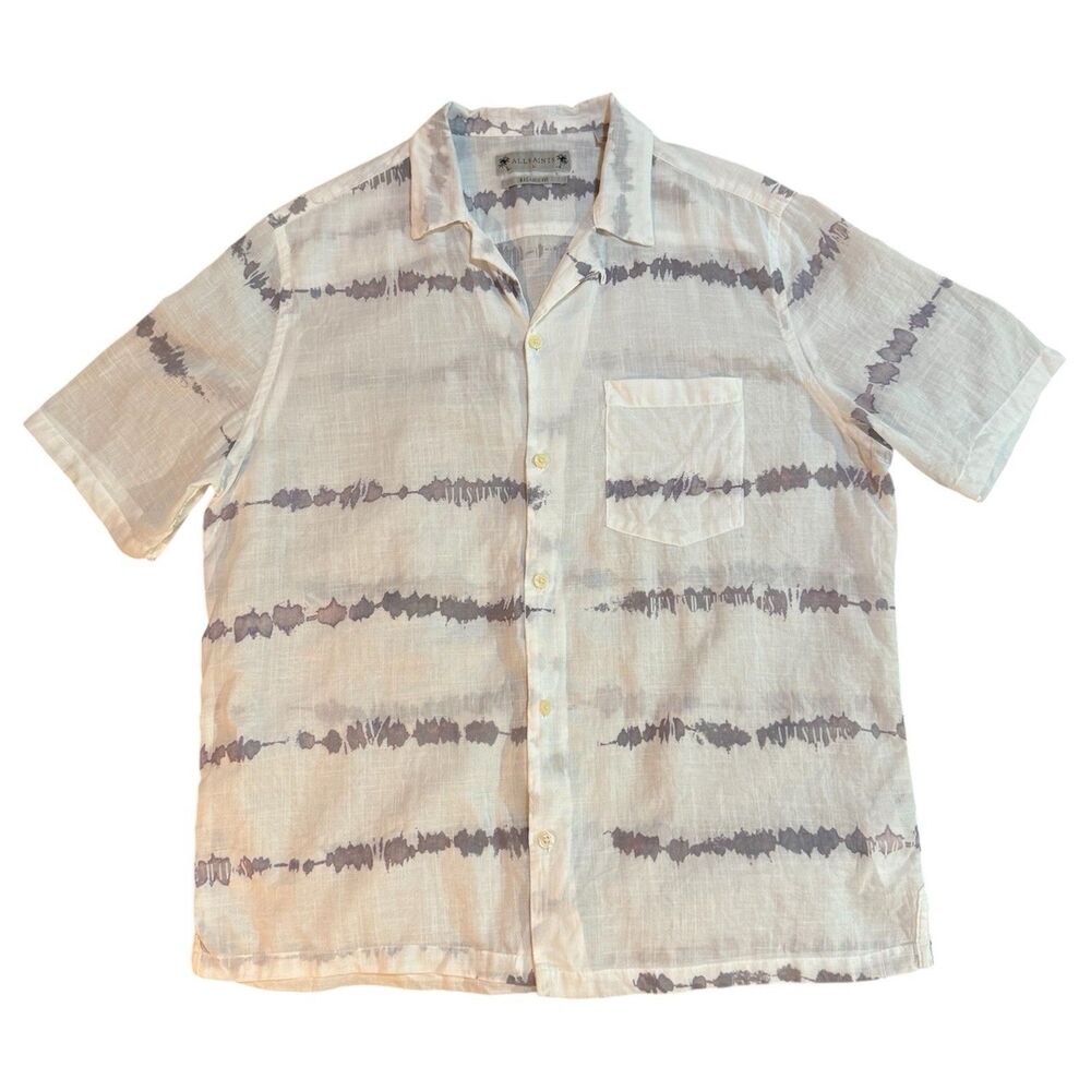 All Saints Shirt Mens Large White Tie Dye Button Relaxed Fit Lightweight Cotton
